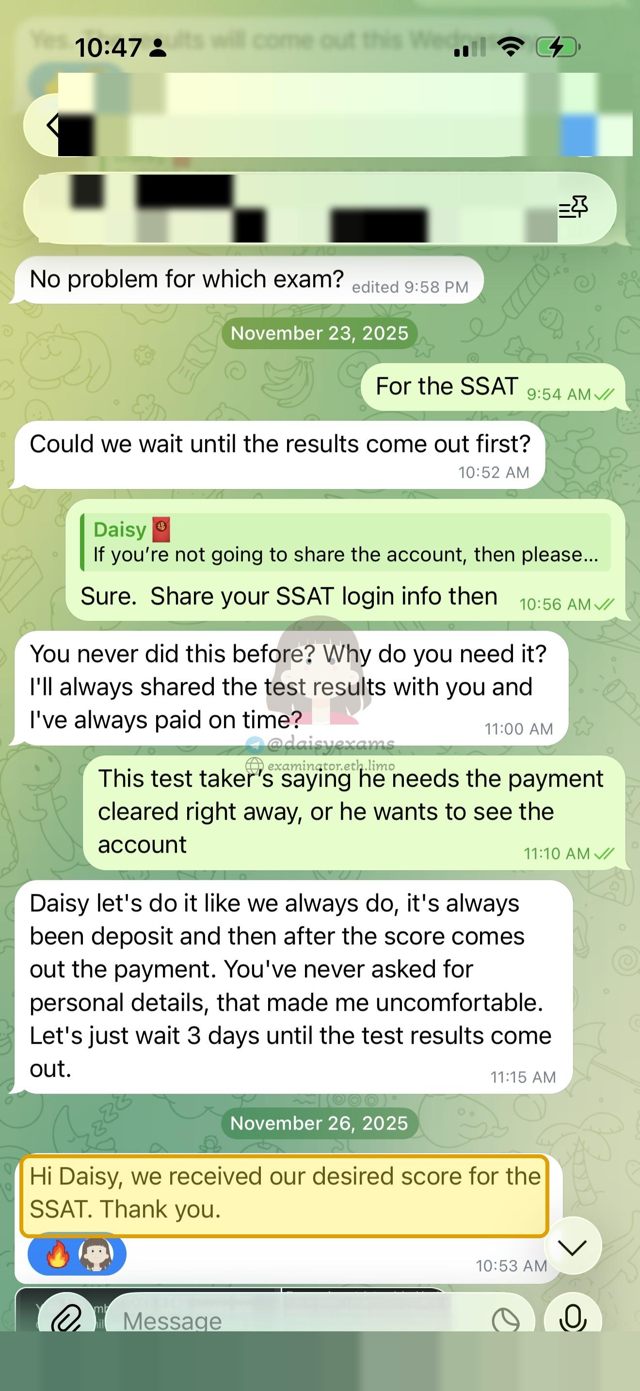 score image for SSAT Cheating success story #763