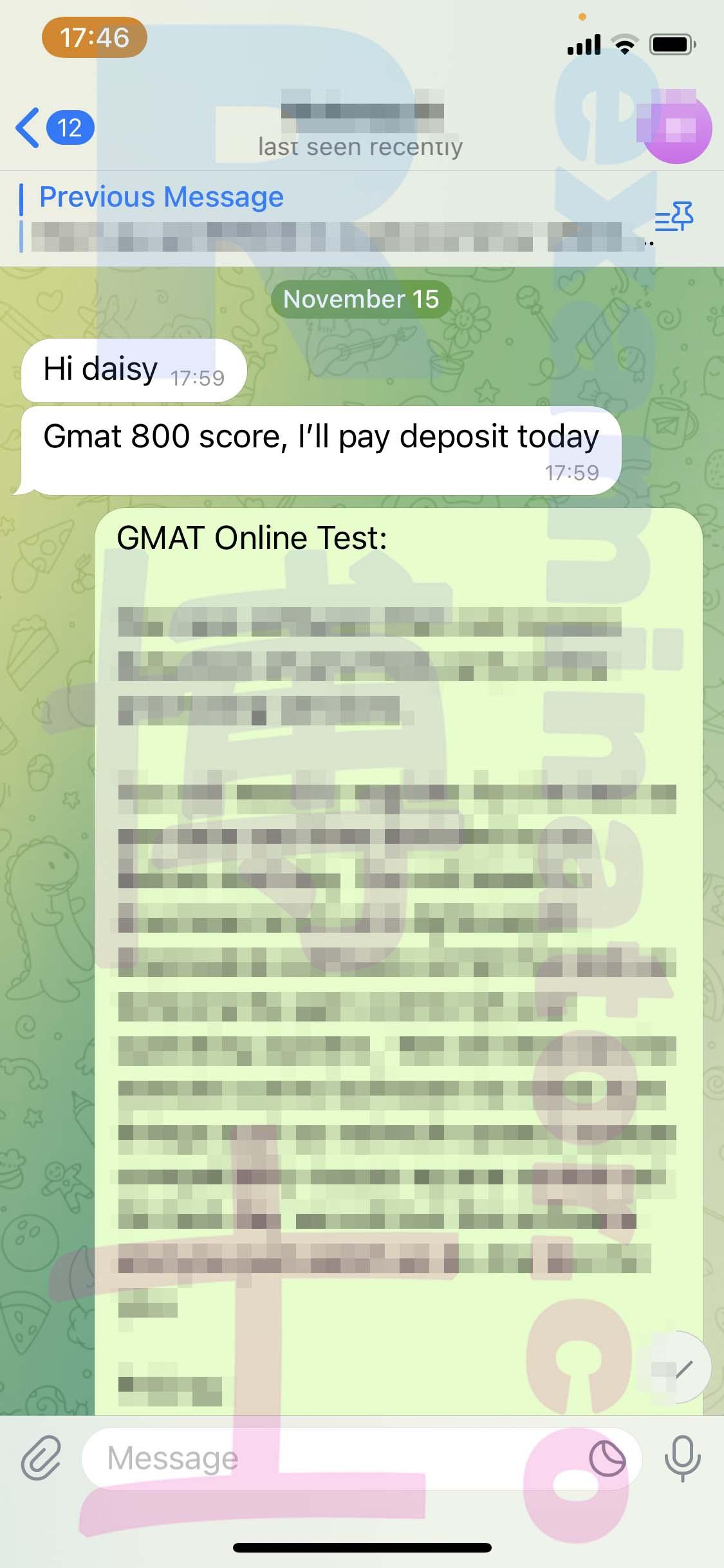 screenshot of chat logs for [GMAT Cheating] success story #292