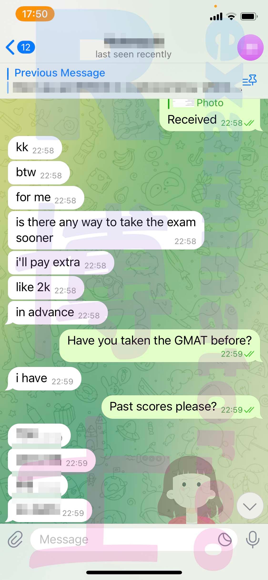 screenshot of chat logs for GMAT Cheating success story #478