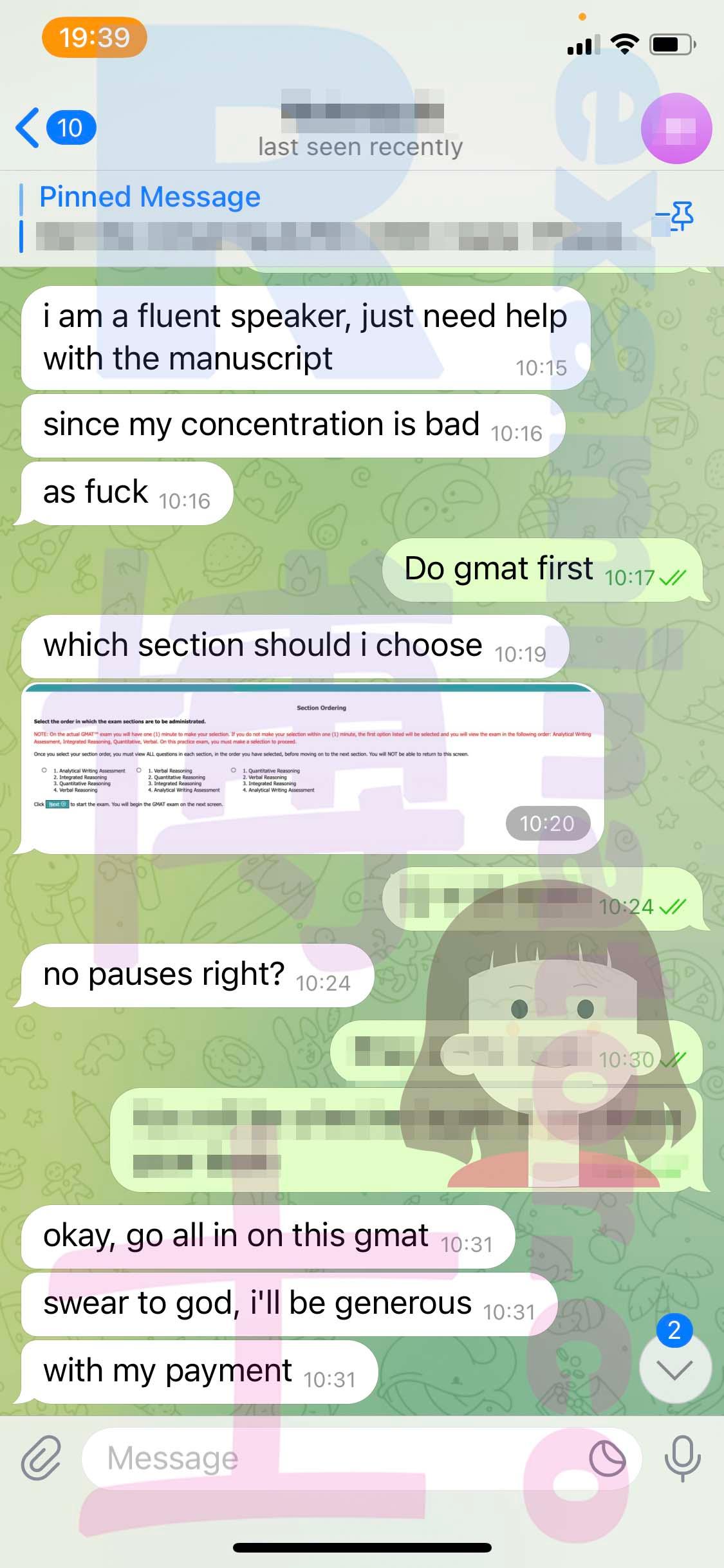 screenshot of chat logs for GMAT Cheating success story #478