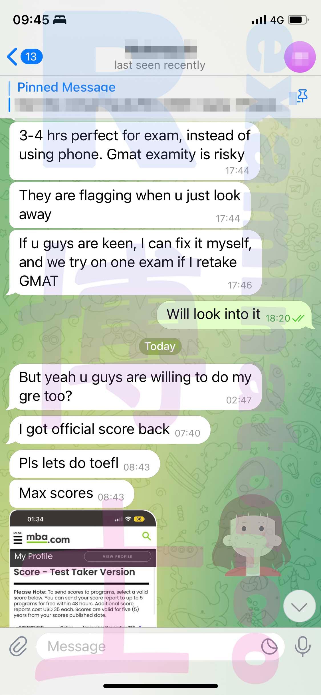 screenshot of chat logs for GMAT Cheating success story #480