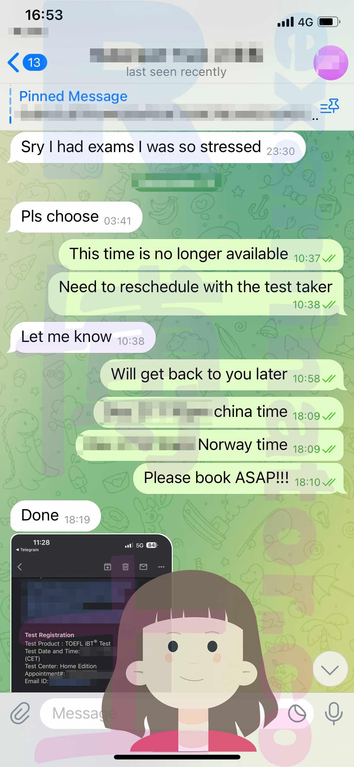 screenshot of chat logs for TOEFL Cheating success story #489