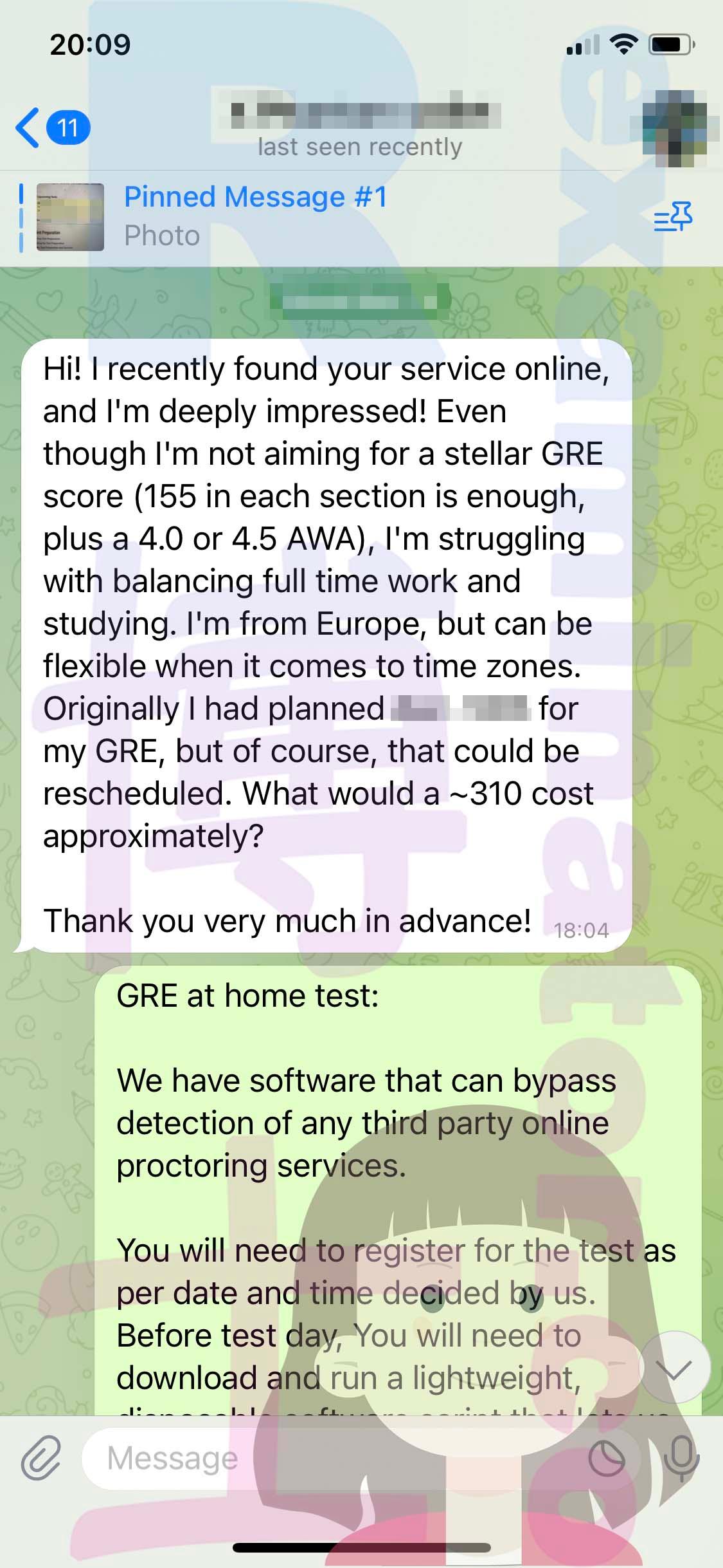 screenshot of chat logs for [GRE Cheating] success story #319