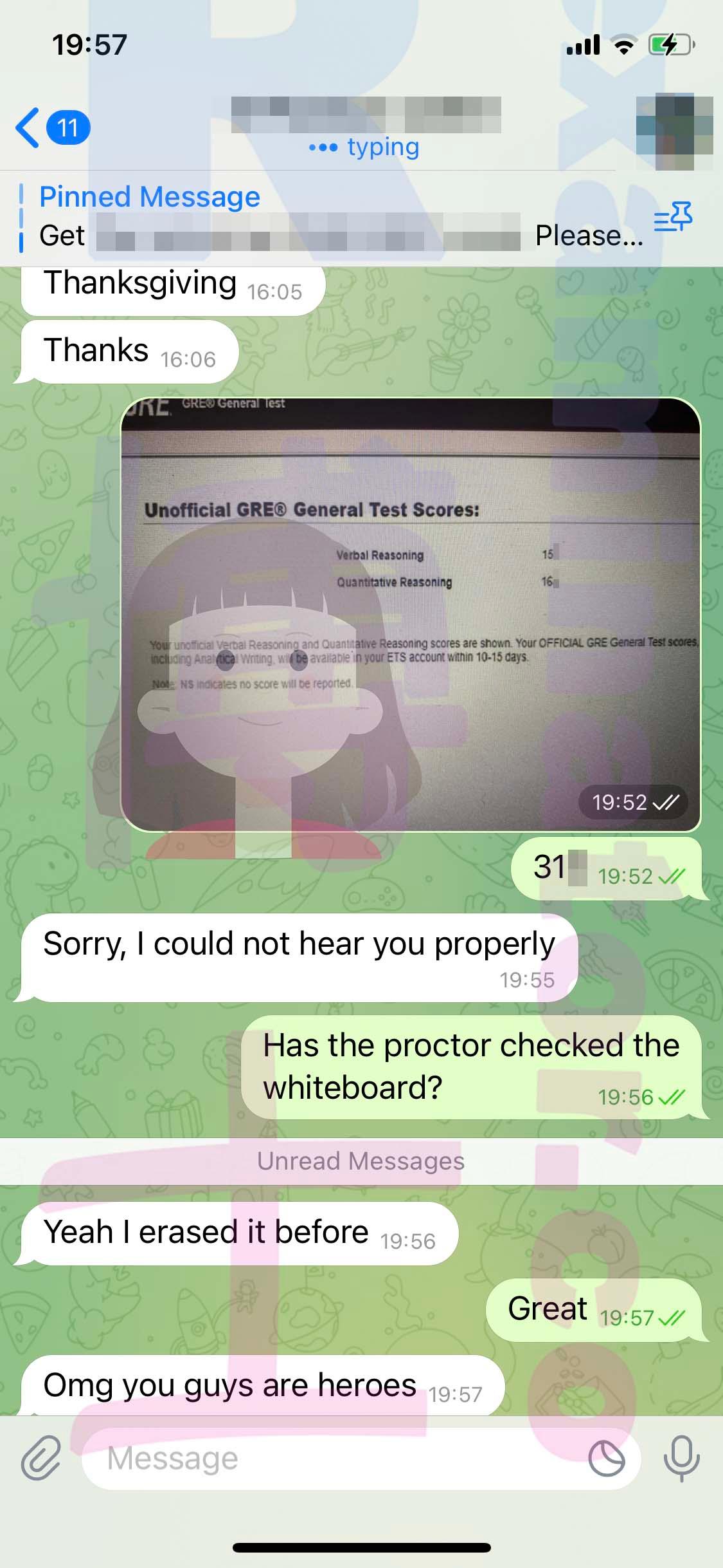 screenshot of chat logs for GRE Cheating success story #521