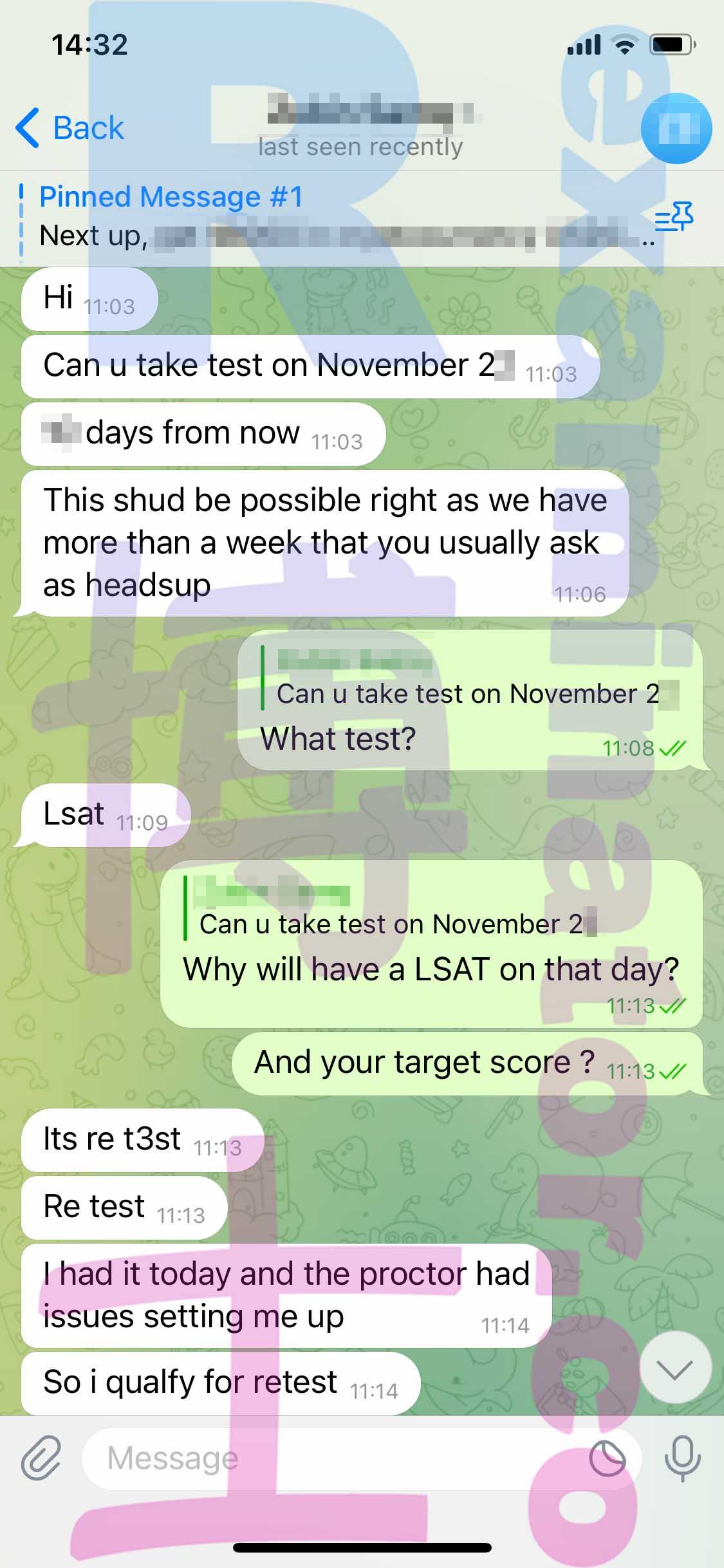 screenshot of chat logs for LSAT Cheating success story #426