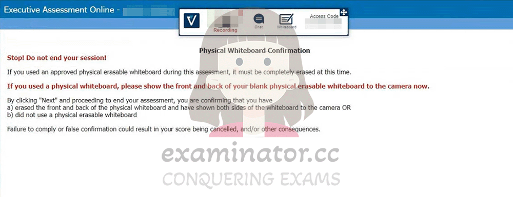 Bypass OnVUE and Cheat on Executive Assessment:  End of the test show your physical whiteboard